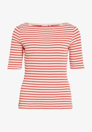 Lühikeste varrukatega liibuv pluus, millel on horisontaalsed read väikeste punaste rombikujuliste motiividega valgel taustal, ümarsuur