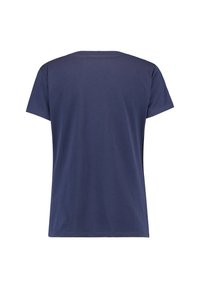Jednoduché námořnické modré tričko s krátkým rukávem zobrazené zezadu na bílém pozadí.