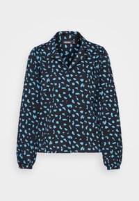 Blusa nera con colletto, caratterizzata da un motivo astratto blu. Maniche lunghe con polsini elasticizzati, tessuto leggero.