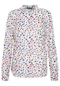 Blouse à manches longues en tissu blanc présentant un motif floral avec des accents bleus, rouges et marron, fermeture à boutons sur le devant et col mandarin.