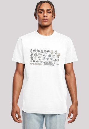White cotton t-shirt featuring a graphic print of various cartoon characters in gray, black, and muted colors on the front.