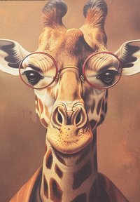 Una jirafa con pelaje de patrones marrón y crema lleva gafas rojas y redondas. Sus grandes ojos y prominentes osiconos son características notables.