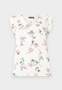 Kermakukkainen hihaton pusero, jossa on V-pääntie ja röyhelödetailit olkapäillä, sisältäen pieniä vaaleanpunaisia ja vihreitä kasvimalleja.