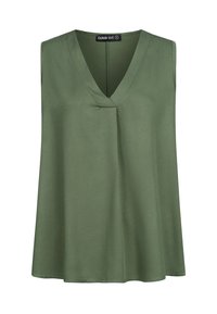 Ermeløs topp i mørkegrønt med V-utringning, laget av glatt stoff, med en subtil frontfold og en avslappet passform.