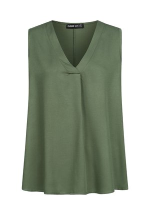 Top sin mangas de color verde oscuro con escote en V, hecho de tela suave, con un pliegue sutil en el frente y un ajuste relajado.