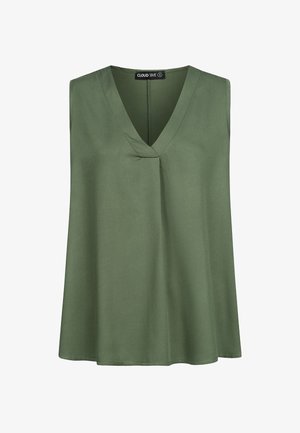 Tílko tmavě zelené barvy bez rukávů s výstřihem do V, vyrobené z hladké látky, s jemným klínem vpředu a volnějším střihem.
