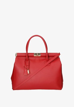 Borsa a tracolla rossa in pelle con finitura testurizzata, due manici e tracolla removibile. Presenta un fermo in metallo dorato e un'etichetta.