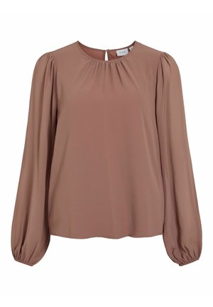 Brown blouse made of smooth fabric with a round neckline, pleated front, and long balloon sleeves with fitted cuffs. Keyhole back detail.