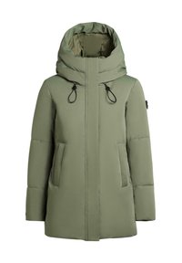 Giacca parka imbottita verde con colletto alto, cappuccio regolabile e due tasche frontali. Finitura opaca liscia senza motivi visibili.