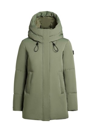 Grüne Wattierte Parka-Jacke mit hohem Kragen, verstellbarem Kapuzenzug und zwei Fronttaschen. Glatte matte Oberfläche ohne sichtbare Muster.