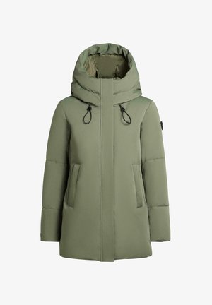 Grüne Wattierte Parka-Jacke mit hohem Kragen, verstellbarem Kapuzenzug und zwei Fronttaschen. Glatte matte Oberfläche ohne sichtbare Muster.