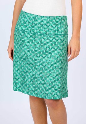 Green patterned skirt featuring a geometric design, made of soft fabric with a fitted waistband and a knee-length cut.