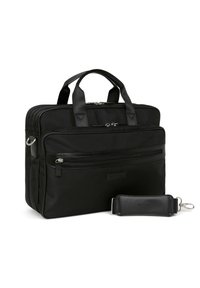 Zwarte laptoptas van textuurstof, met twee handgrepen, meerdere met rits afgesloten compartimenten en een afneembare leren schouderriem.