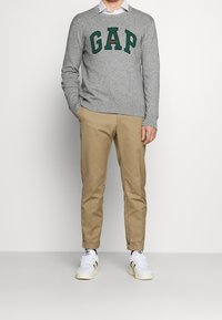 Maglione grigio con logo "GAP" verde, abbinato a pantaloni khaki e sneakers bianche. Design semplice, texture lavorata a maglia e stile casual.