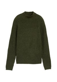 Olivgrüner gerippter Strickpullover mit Rundhalsausschnitt, langen Ärmeln und lockerer Passform. Die Textur ist weich und zeigt dezente horizontale Linien.