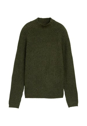 Olijfgroen geribde gebreide trui met een ronde hals, lange mouwen en een ontspannen pasvorm. De textuur is zacht, met subtiele horizontale lijnen.