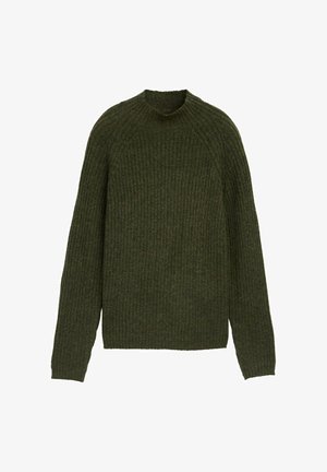 Olivzaļš ribots adīts džemperis ar apaļu kakla izgriezumu, garām piedurknēm un brīvu piegriezumu. Auduma struktūra ir mīksta, ar smalkiem horizontāliem rakstiem.