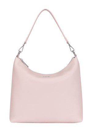 Helle rosa Leder-Schultertasche mit glatter Textur, geschwungener Form und einem einzigen Riemen, der mit metallischen Beschlägen und einem Reißverschlussverschluss ausgestattet ist.