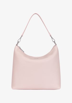 Helle rosa Leder-Schultertasche mit glatter Textur, geschwungener Form und einem einzigen Riemen, der mit metallischen Beschlägen und einem Reißverschlussverschluss ausgestattet ist.