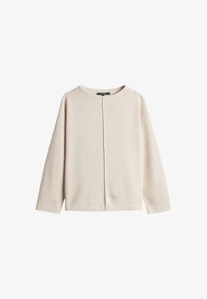 Beige trui met lange mouwen, een ronde hals en een centraal naaddetail, plat liggend op een witte achtergrond weergegeven.