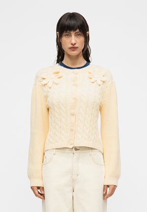 Vrouw die een roomkleurig kabelgebreid vest draagt met stoffen bloemdetaillering op de schouders en een bijpassende roomkleurige, hooggetailleerde jeans, staand tegen een witte achtergrond.