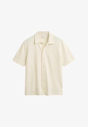 Kurzärmliges, knöpfbares Hemd aus hellbeigem Stoff mit strukturierter Oberfläche. Verfügt über einen klassischen Kragen und dezente Logo-Stickerei.