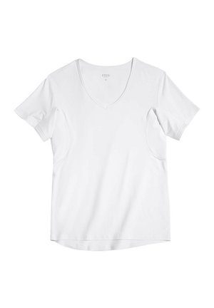 Weißes V-Ausschnitt-T-Shirt aus weichem Material, mit kurzen Ärmeln und abgerundetem Saum. Sauberes Design ohne sichtbare Muster oder Akzente.