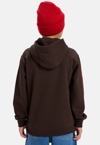 Brown hoodie with a large back pocket and a drawstring hood, paired with blue jeans. A red beanie covers the head.