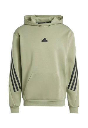 Jasnozielona bluza z kapturem z przednią kieszenią, czarne logo Adidas na klatce piersiowej i trzy czarne paski na każdym rękawie.