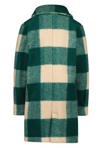 Cappotto a quadri verde e beige con colletto e maniche lunghe. Realizzato in tessuto morbido, presenta grandi quadrati e tasche laterali.