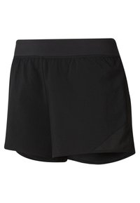 Svarta atletiska shorts med en elastisk midja, med en lagerdesign och en texturerad meshtpanel på ena sidan.