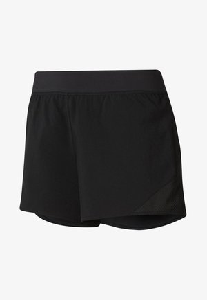 Black athletic shorts with a stretchy waistband, featuring a layered design and a textured mesh panel on one side.