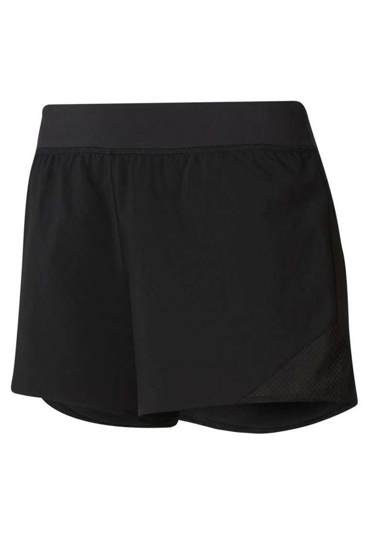 Svarta atletiska shorts med en elastisk midja, med en lagerdesign och en texturerad meshtpanel på ena sidan.