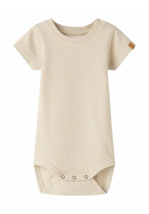 Body z krótkim rękawem w beżowym, teksturowanym materiale z delikatnym wzorem w kratę, z zapięciami na napy na dole oraz okrągłym dekoltem.