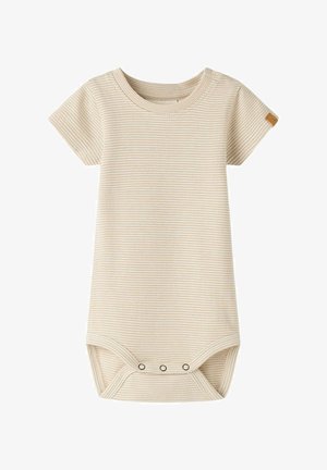 Lühikeste varrukatega bodi beežist, tekstuursest kangast, millel on peen ruuduline muster. Alusel on nööbid ja ümmargune kaelus.