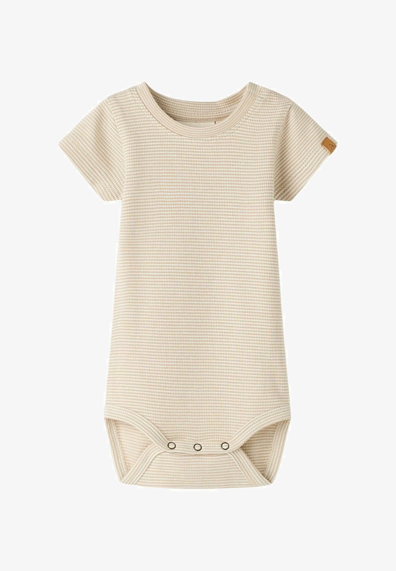 Σορτσάκι με κοντή μανίκη σε μπεζ υφή με διακριτό καρό σχέδιο, διαθέτει κουμπώματα στη βάση και στρογγυλή λαιμόκοψη.