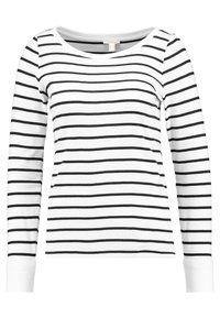 Camicia a maniche lunghe bianca con righe orizzontali nere. Realizzata in tessuto morbido, con scollatura ampia e polsini aderenti.