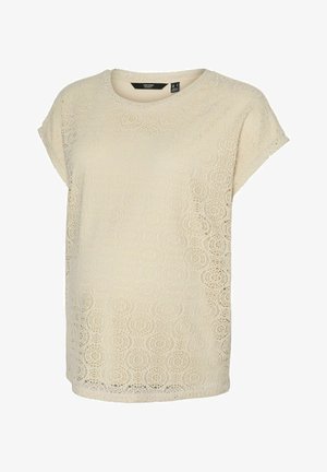 Beige spetst-shirt med rund halsringning och korta ärmar, med intrikata cirkulära mönster och en något lös passform.
