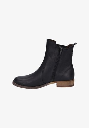 Botín negro de cuero hasta el tobillo con cremallera lateral, punta redondeada, detalles de costura y tacón de bloque de madera. Diseño elegante y minimalista.