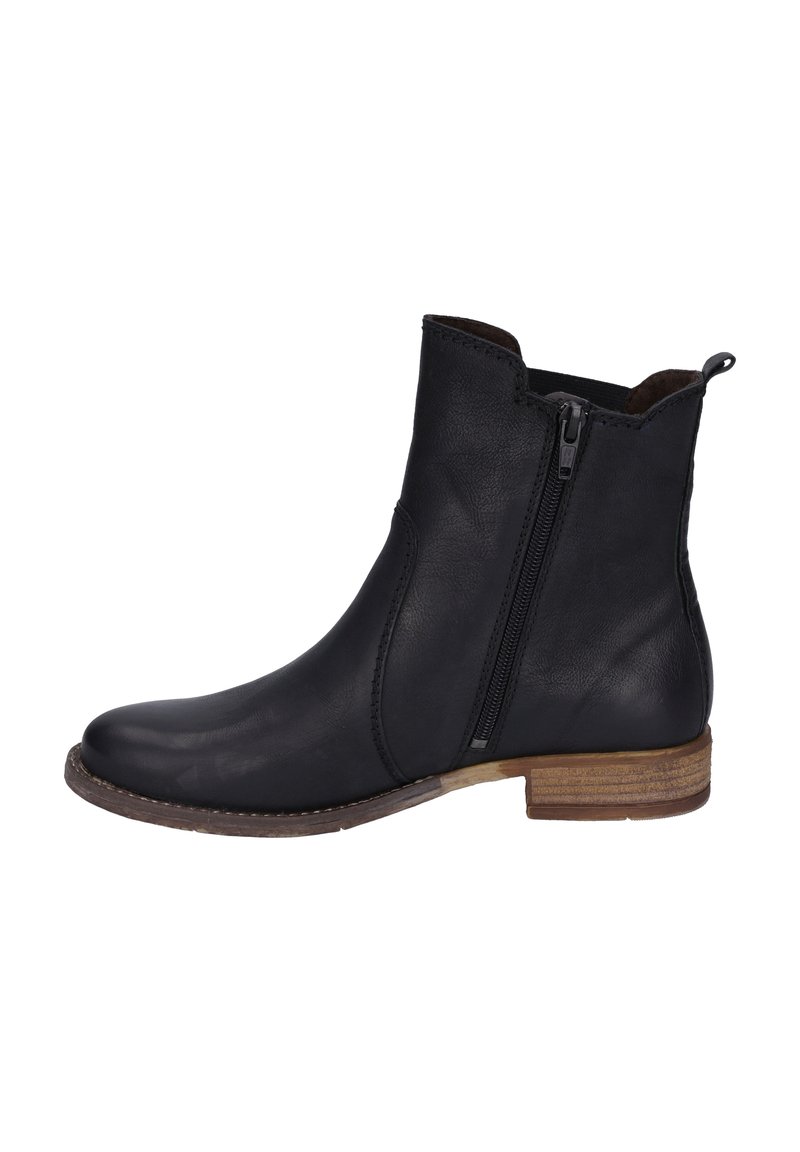 Bottines en cuir noir avec une fermeture éclair sur le côté, bout arrondi, détails surpiqués et un talon en bois. Design élégant et minimal.