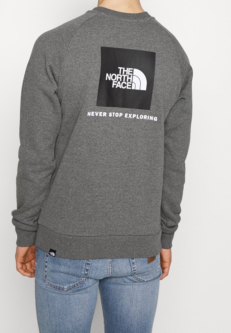 Personne portant un sweat gris avec un logo carré noir et un texte blanc "The North Face" et "Never Stop Exploring" dans le dos.