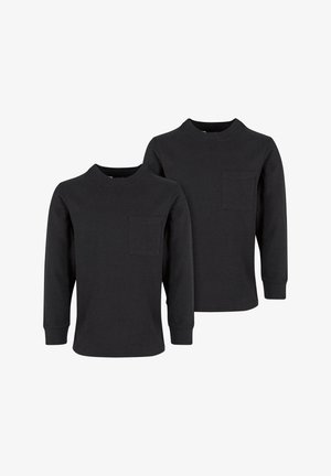 T-shirt a maniche lunghe neri in cotone con scollatura rotonda e taschino sul petto; due magliette mostrate, entrambe con lo stesso design.
