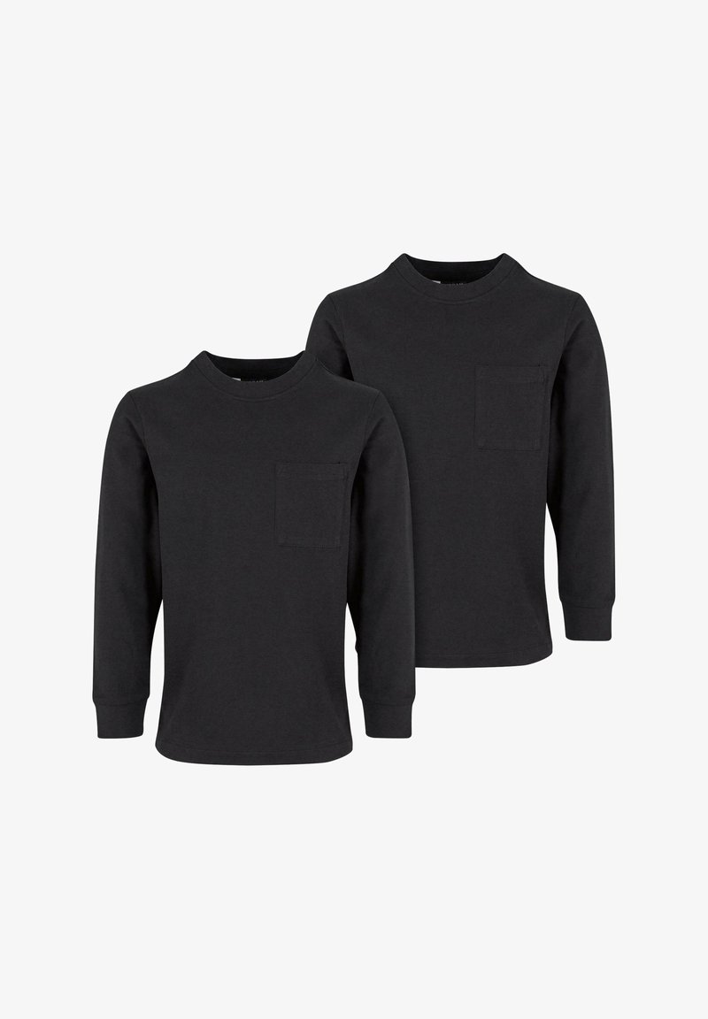 Črne majice z dolgimi rokavi, izdelane iz bombaža, z okroglo ovratnikom in žepom na prsih; prikazani sta dve majici, obe imata enako zasnovo.