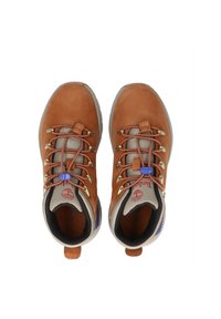 Botas de senderismo de cuero marrón con lengua de malla gris, ojales de metal dorado, toggle azul y suelas de goma texturizada. Logo parcial visible en el interior.