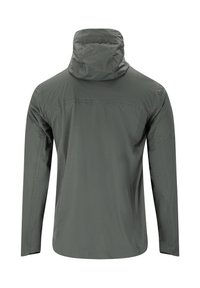 Hooded jack in donkergrijs, met een strak ontwerp, een soepele textuur en gestikte details op de schouders en mouwen.