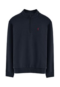 Marineblauwe pullover sweatshirt met een kwart-rits kraag. Heeft ribgebreide manchetten en een zoom, en een klein rood logo op de linkerkant van de borst.