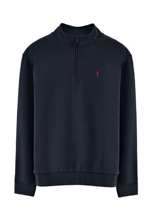 Marineblauwe pullover sweatshirt met een kwart-rits kraag. Heeft ribgebreide manchetten en een zoom, en een klein rood logo op de linkerkant van de borst.