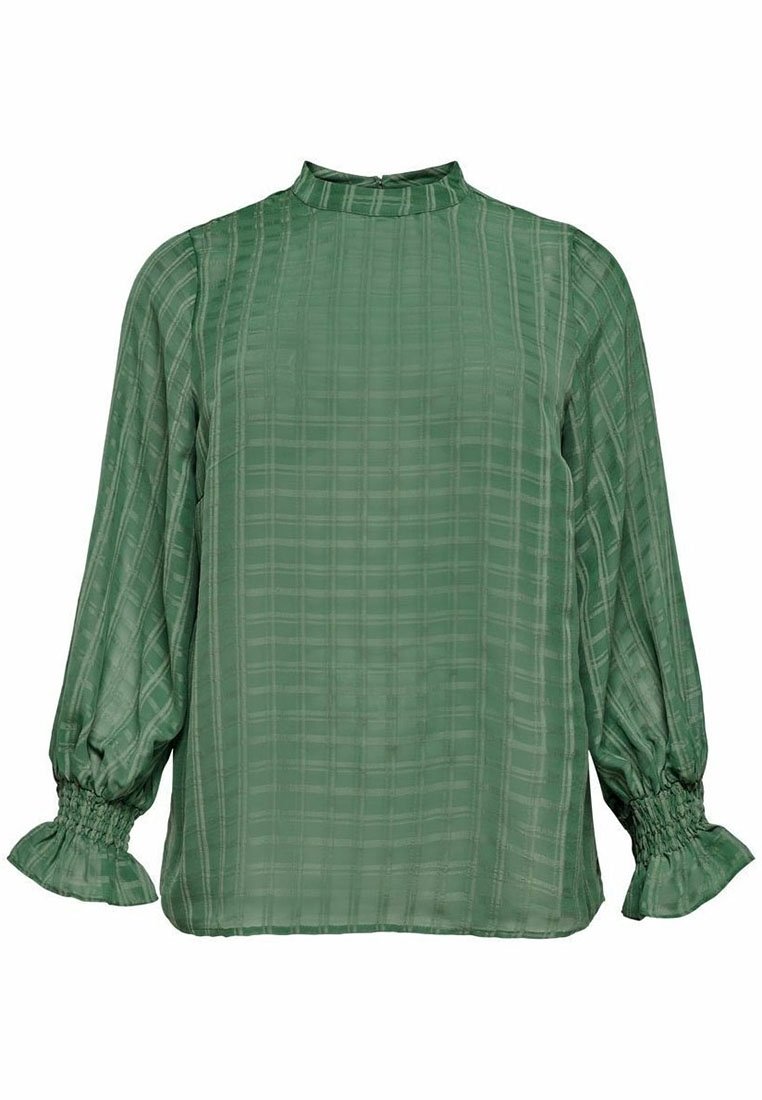 Blouse verte à manches longues avec un motif à carreaux subtil, col montant et poignets élastiqués à volants aux manches.