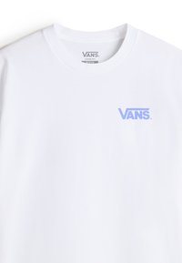 White short-sleeve t-shirt made of cotton featuring a light blue Vans logo on the left chest. Crew neck design with a loose fit.