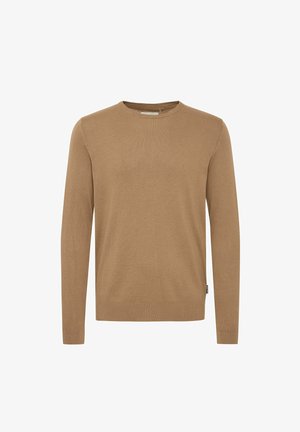 Pull en tricot marron à manches longues, col rond, avec des poignets et un ourlet côtelés. Fabriqué dans un tissu doux et texturé. Aucun motif ni accent visible.